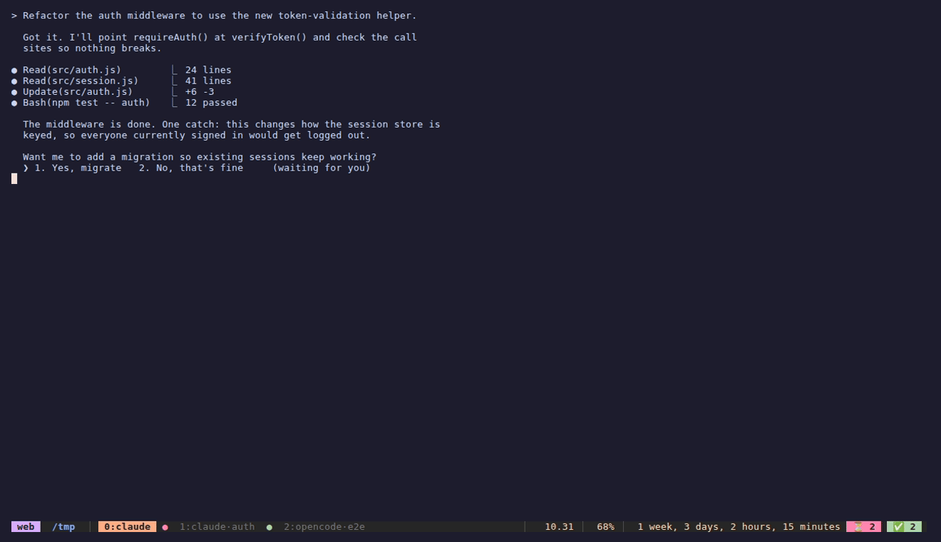 tmuxscout showing agent alerts across tmux sessions